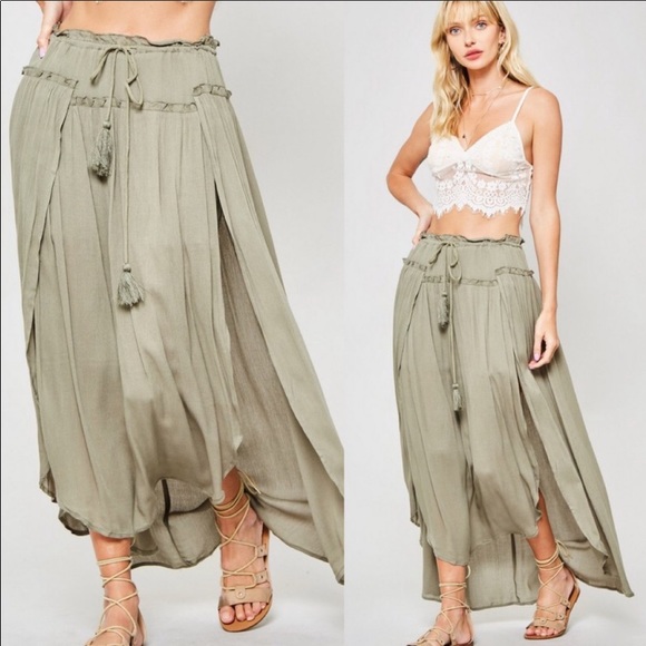 ✨HP🌻Olive Green Boho Chic Maxi Split Skirt✨S M L✨ - Picture 3 of 3